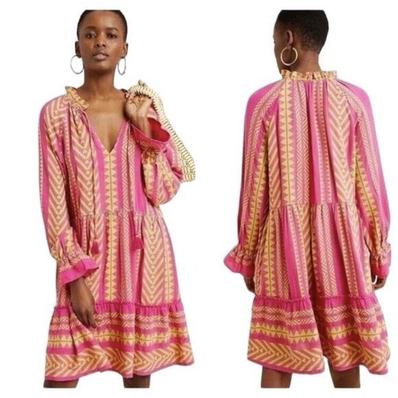 Maeve Anthropologie Dominique Tunic Dress Tassel Tie Neck Pockets Pink Size XS - Picture 1 of 14